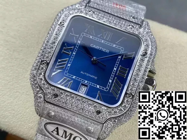 19ed8cfeeeb23cc Santos De Cartier Relógios de Diamante Mostrador Azul e Prata 1:1 Melhor Edição AMG Fábrica Pedra Swarovski