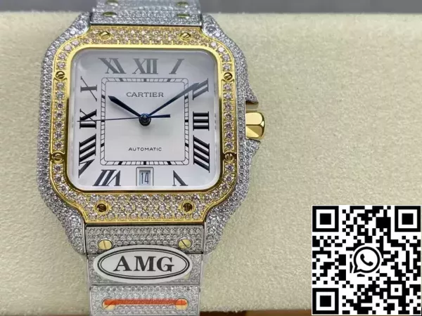 1a7c2b53a6dc006 Santos De Cartier Diamond ρολόγια λευκό καντράν και χρυσό 1:1 Best Edition AMG εργοστάσιο Swarovski Stone