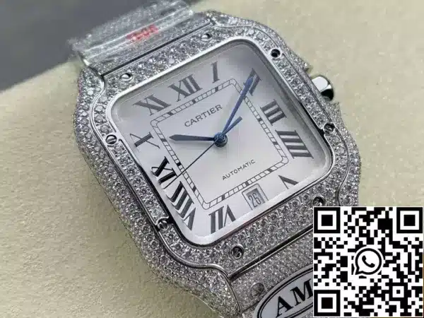 1ce0479c7601a49 Santos De Cartier Diamond Relojes Esfera Blanca y Plata 1:1 Mejor Edición AMG Fábrica Swarovski Piedra