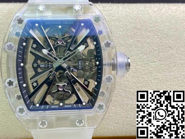 2 15 b8022d89 5d19 438d b2d2 3cc33819867e Richard Mille RM12-01 1:1 Най-добро издание RM Factory Tourbillon Прозрачна версия Бяла каишка