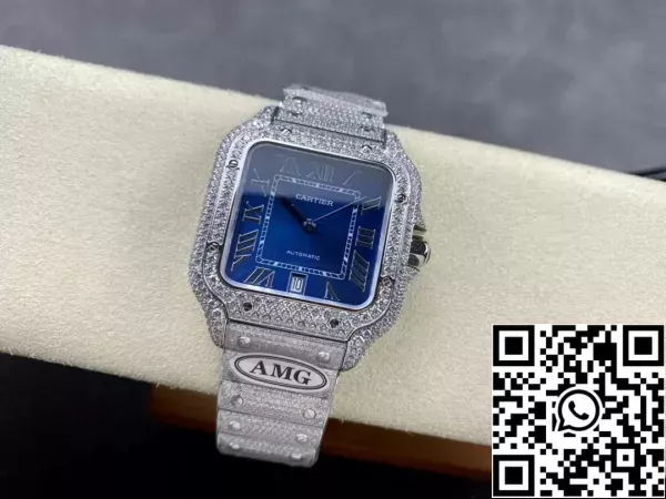 2ec7a98b670d3c7 Santos De Cartier Diamond ρολόγια μπλε καντράν και ασημί 1:1 Best Edition AMG εργοστάσιο Swarovski Stone