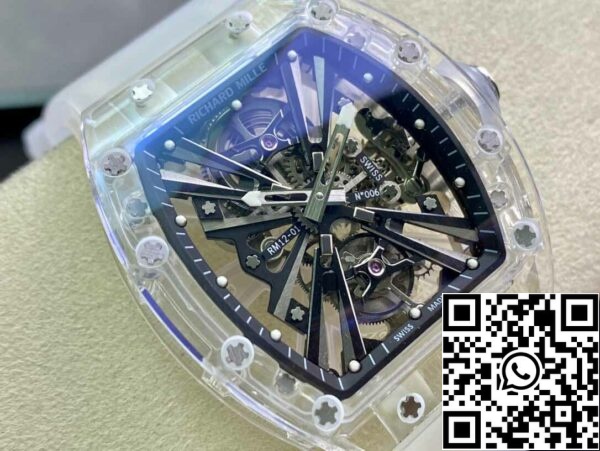 3 15 5938d1f2 f1cf 4437 9f2a ce198efe3a59 Richard Mille RM12-01 1:1 Най-добро издание RM Factory Tourbillon Прозрачна версия Бяла каишка