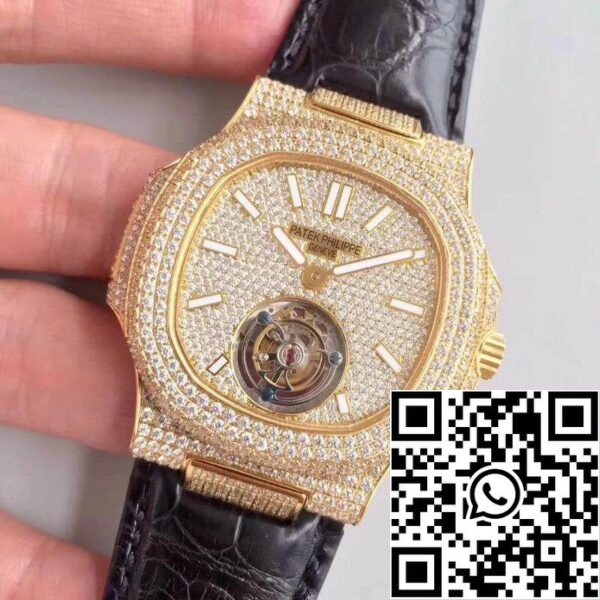 3 298 Patek Philippe Nautilus Jumbo Tourbillon 1:1 Best Edition Swiss Tourbillon mostrador em ouro amarelo 18K com diamantes