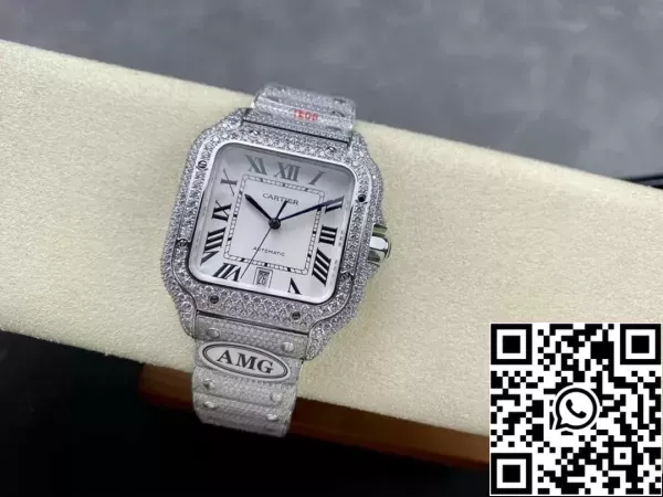 3fb1860db8575aa Santos De Cartier Diamond ure bela številčnica in srebrna 1: 1 Najboljša izdaja AMG Factory Swarovski kamen