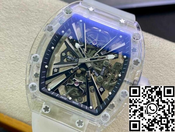 4 14 a8be0407 bf57 43f3 a4ae f2ed36cc8ba6 Richard Mille RM12-01 1:1 Най-добро издание RM Factory Tourbillon Прозрачна версия Бяла каишка