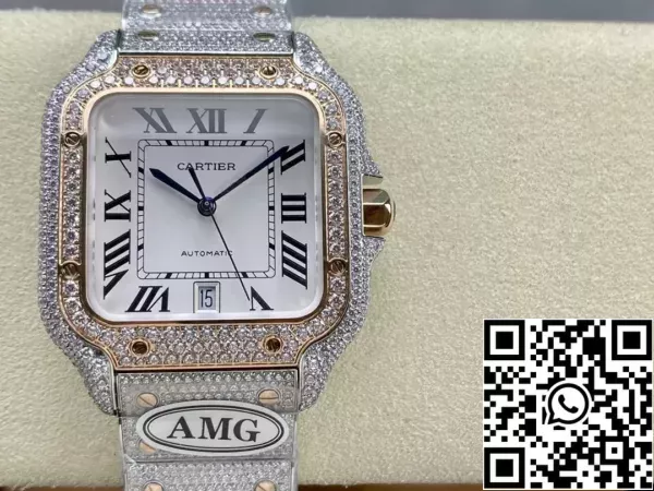 51aab4abb115bea Santos De Cartier Diamond Orologi Quadrante Bianco 1:1 Best Edition AMG Factory Swarovski Stone