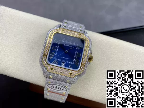 6a3920f152e2255 Santos De Cartier Diamond Horloges Blauwe Wijzerplaat en Goud 1:1 Best Edition AMG Factory Swarovski Stone