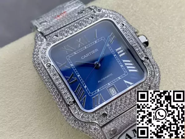 7bab11d8ef37c58 Santos De Cartier Relógios de Diamante Mostrador Azul e Prata 1:1 Melhor Edição AMG Factory Pedra Swarovski