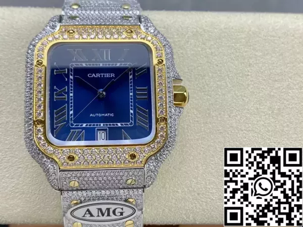 86417fe0d85f5e0 Santos De Cartier Relógios de Diamante Mostrador Azul e Ouro 1:1 Melhor Edição AMG Fábrica Pedra Swarovski