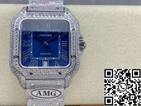 8deb226a9e542a7 Santos De Cartier Relógios de Diamante Mostrador Azul e Prata 1:1 Melhor Edição AMG Fábrica Pedra Swarovski