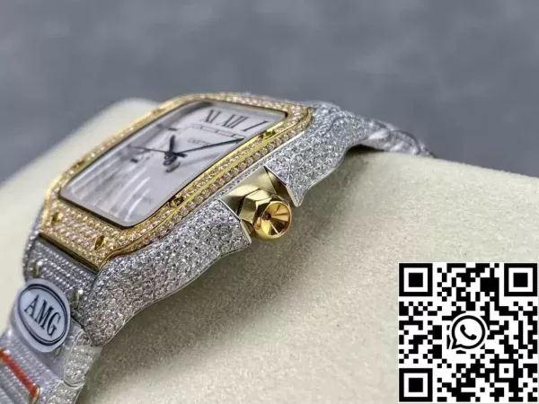 9b40fea1348a6b5 Santos De Cartier Diamond Horloges Witte Wijzerplaat en Goud 1:1 Best Edition AMG Fabriek Swarovski Stone