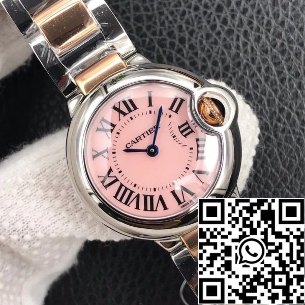 Ballon Bleu De Cartier 28MM 1 1 Лучшее издание V6 Завод V8 Розовый циферблат Золотой ремешок США Реплика часы 3694 Ballon Bleu De Cartier 28MM 1:1 Лучшее издание V6 Завод V8 Розовый циферблат Золотой ремешок