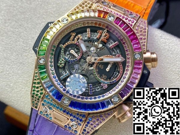 Hublot BIG BANG Unico 411 OX 9910 LR 0999 1 1 Najboljša izdaja ZF Factory Rainbow Rose Gold primeru ZDA replika Watch 3402 Hublot BIG BANG Unico 411.OX.9910.LR.0999 1: 1 Najboljša izdaja ZF Factory Rainbow Rose Gold primeru