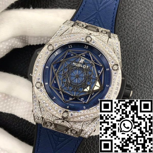 Hublot Big Bang 1 1 Best Edition WWF Fabrik voll Diamant blaues Zifferblatt US Replica Uhr 8578 Hublot Big Bang 1:1 Best Edition WWF Fabrik voll Diamant blaues Zifferblatt