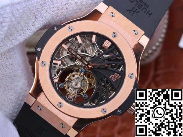 Hublot Big Bang полый турбийон 1 1 Лучшее издание швейцарской чайки с ручным заводом турбийон движение 18K розовое золото США Реплика часы 7530 Hublot Big Bang полый турбийон 1:1 Лучшее издание швейцарской чайки с ручным заводом турбийон движение 18K розовое золото