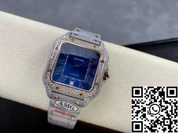 b3ab5fa0d485deb Santos De Cartier Diamantklockor Blå urtavla 1:1 Best Edition AMG Factory Swarovski Stone