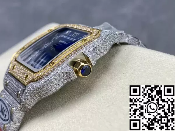 c0c4d2e327338d2 Santos De Cartier Diamond Horloges Blauwe Wijzerplaat en Goud 1:1 Best Edition AMG Factory Swarovski Stone