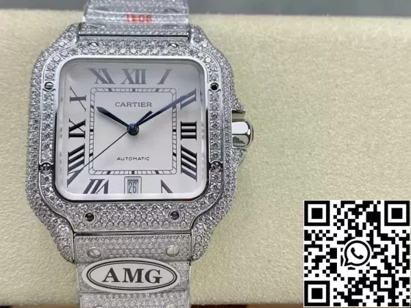 d31b0b933d4c2e5 Santos De Cartier Diamond Relojes Esfera Blanca y Plata 1:1 Mejor Edición AMG Fábrica Swarovski Piedra