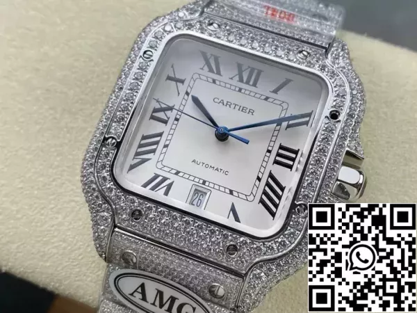 e58d6c6dfd78842 Relojes Santos De Cartier Diamante Esfera Blanca y Plata 1:1 Mejor Edición AMG Fábrica Piedra Swarovski