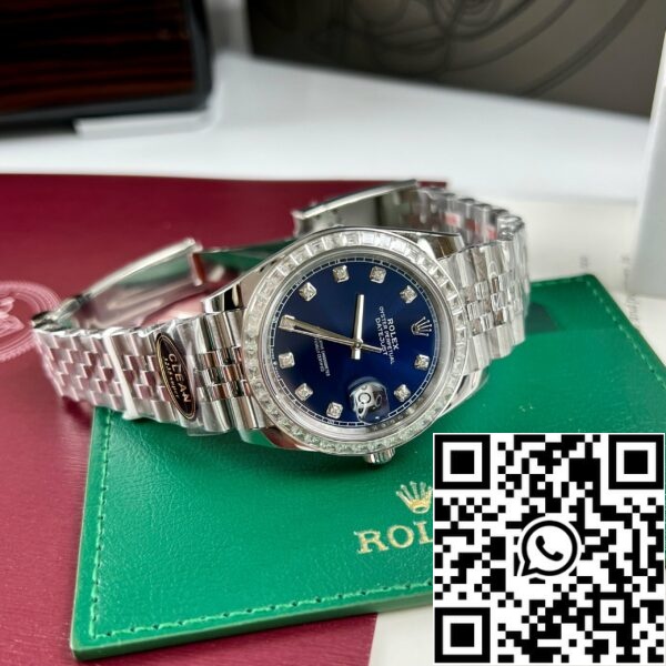 z4645734396440 9f1032c7437c4924bc4004400fe570cd 6c785bd9 b27f 4b6b ad69 34fd38fdfe57 Rolex Datejust 41 Blue Moissanite Dial 126334-0016 og brugerdefineret Moissanite baguette Bezel