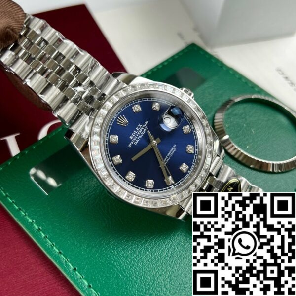 z4645734396548 7a2928958c21f6afbaa8a0b5b0de2341 a8c57382 51d9 4a13 8e22 afe924575190 Rolex Datejust 41 Blauw Moissaniet Wijzerplaat 126334-0016 en aangepaste Moissaniet baguette Bezel