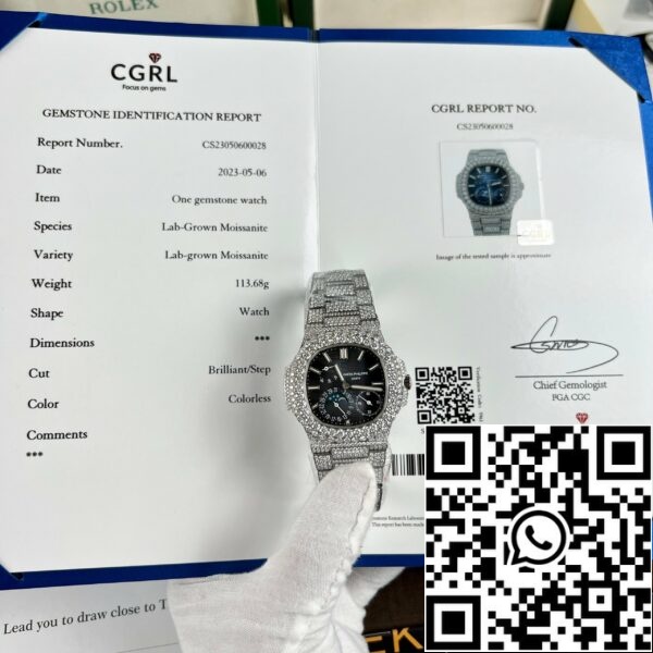 z4665902596115 421c582bb52bfff22a79b06f9e48a161 Patek Philippe Nautilus 5712/1A-001 PPF Factory V2 Blaues Zifferblatt kundenspezifisch voll Moissanite