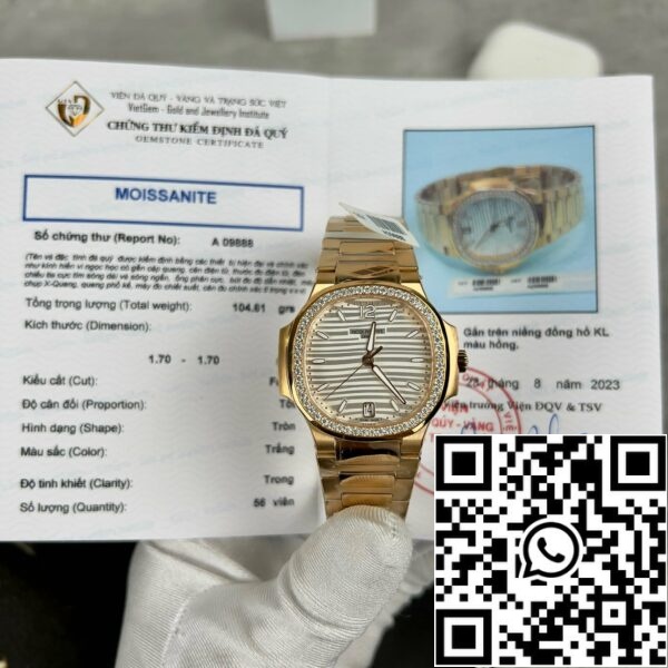 z4688017958574 d2ea574c7e1d44660c4acd11eb76e624 Patek Philippe Nautilus 7118/1R-010 18k guld fyldt med hvid urskive custom Moissanite sten