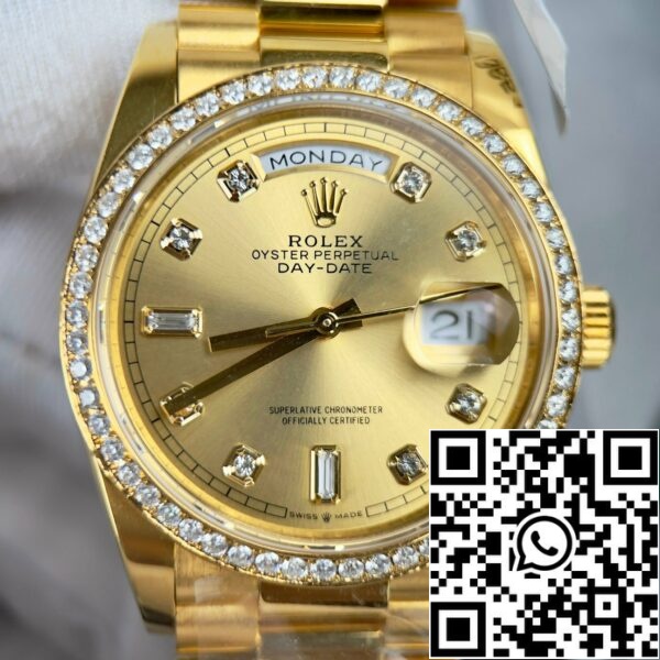 z4688018643369 91e93b80d7caa8813e84b9afd3f3019f 0837893c 843e 4c60 a85c 9fef34d0a6ff Rolex Day-Date 128238-0008 Часы 36 мм с покрытием 18k и ободком с муассанитами