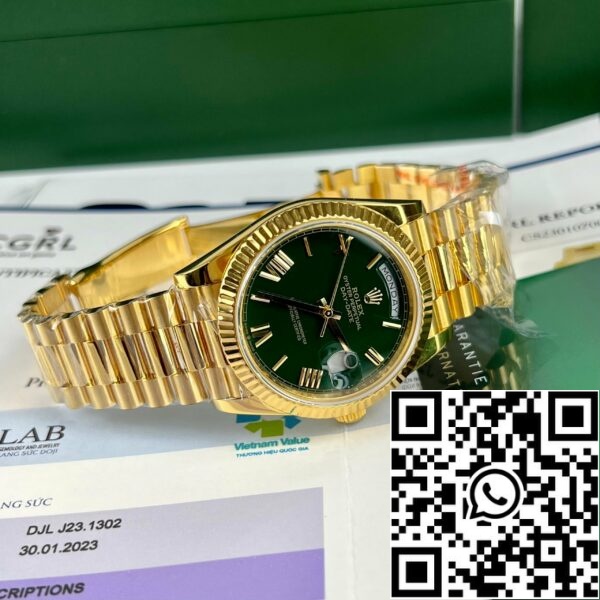 z4688019301791 1ea18c9f5de38c995a9c95e026390844 427bab8f 3008 4ec6 9056 907973a5f96a Rolex DayDate 40mm 228238 bevonatú 18k sárga arany elnök zöld számlap 130 gramm