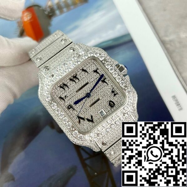 z4837265125983 b2adfa5dd5e7400c5f81f46e998be3f8 Santos De Cartier 40 мм стомана - потребителски Pavé Swarovski камък арабски циферблат