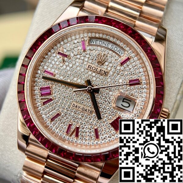 z5270471962457 7653420eae1a32df7192c038a747c4e8 51662ea8 1518 4c9d a577 e3ca2f2dee08 Rolex Day Date 228398 DRRP 1:1 najlepsza edycja Niestandardowe różowe złoto 18k i rubinowy szafir Diamond Pave