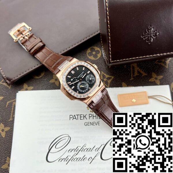 z5270692324235 5373b6a497e1f0b0b03207393a58ac86 Patek Philippe Nautilus 5724R-001 GR Werk 1:1 beste Auflage Schwarzes Zifferblatt Rose Gold und Stein