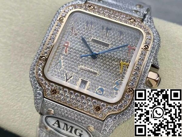 z5330881803207 c0e92619230ec852163a96c1f1e3d1ac Santos De Cartier Diamond ure številčne barve Rose Gold Dial 1: 1 Najboljša izdaja AMG Factory Swarovski kamen