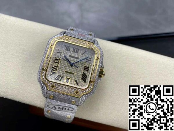 z5330883320188 5850c3e86a8c9b491ab50888dfb47be2 Santos De Cartier Diamond Roman Numeric Dial Yellow Gold 1: 1 Най-доброто издание AMG Factory Swarovski Stone