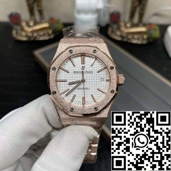 z5345625236956 5eac779b1c6e6fe30bfae3733cdfed72 Audemars Piguet 15454OR.GG.1259OR.01 Frost Gold 1:1 лучшее издание APS Factory Белый циферблат Розовое золото