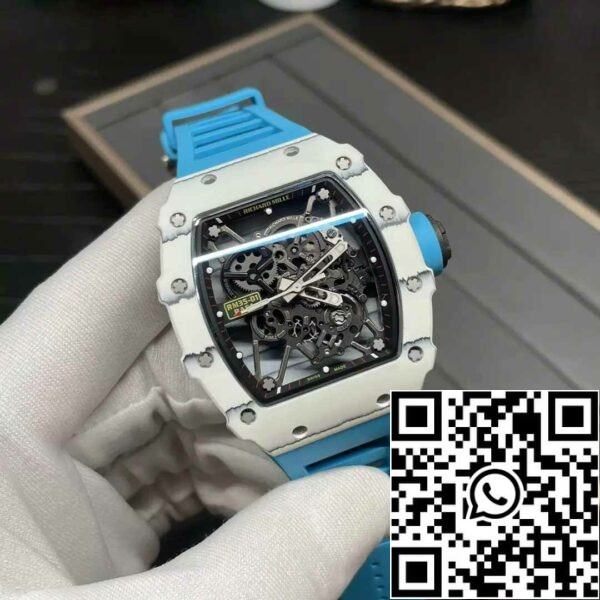 z5578264684758 d09dfc814aa387c3c4ce8454ee807340 Richard Mille RM35-01 Sonic Factory 1:1 Best Edition Белый карбон NTPT Синий резиновый ремешок