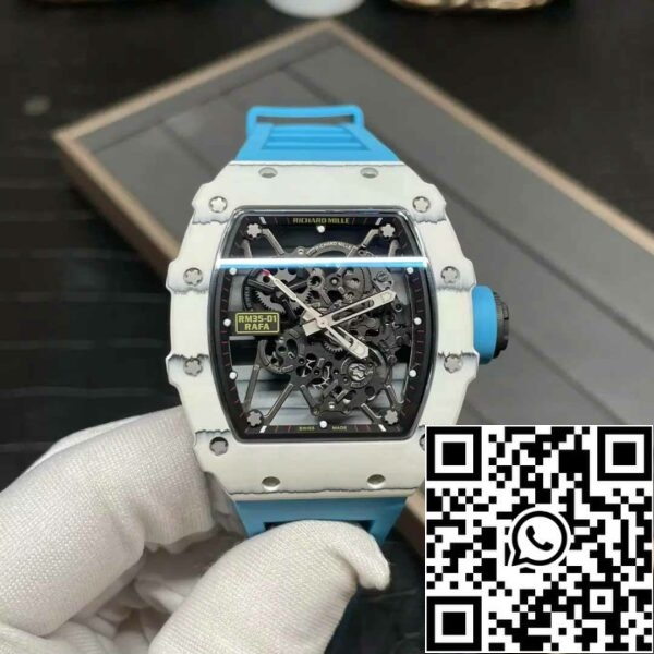 z5578264853046 f2d402505b45c2fd62b8f9c3dd668f08 Richard Mille RM35-01 Sonic Factory 1:1 Best Edition White Carbon NTPT Blue Rubber Strap