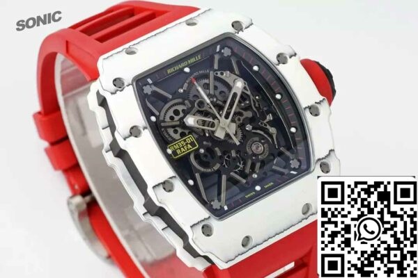 z5578266225219 b66ec705261cbf75e59b0e39fd63b15c Richard Mille RM35-01 Sonic Factory 1:1 Best Edition White Carbon NTPT Red Rubber Strap