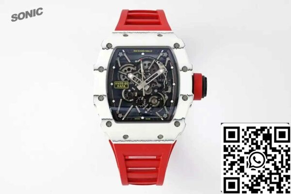 z5578266407640 f997a6f18fcc77e088f4ba57520ff845 Richard Mille RM35-01 Sonic Factory 1:1 Best Edition White Carbon NTPT Red Rubber Strap