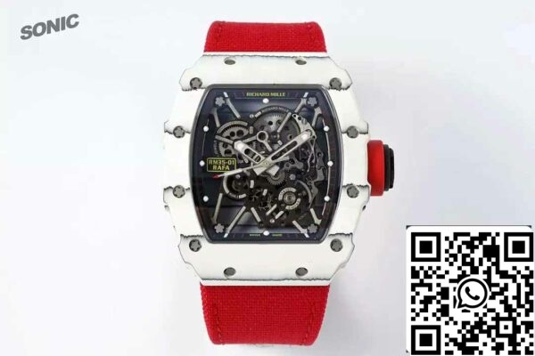 z5578269682734 fefefe91d5ec28b05e57fcc316fb5e7d Richard Mille RM35-01 Sonic Factory 1:1 Best Edition Branco Carbono NTPT Vermelho Correia de Velcro