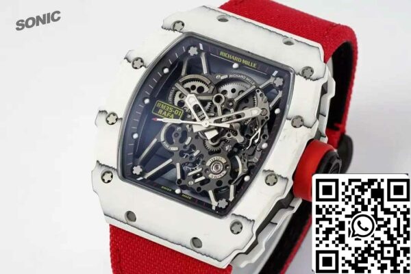 z5578269840554 1ca51f89b853dca1fe286d2b7ac28150 Richard Mille RM35-01 Sonic Factory 1:1 Best Edition White Carbon NTPT Red Velcro Strap