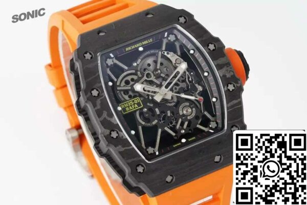 z5578287852048 d51154b8c82c9096649143628d27dc74 Richard Mille RM35-01 Sonic Factory 1:1 Best Edition Black Carbon NTPT Orange Rubber Strap