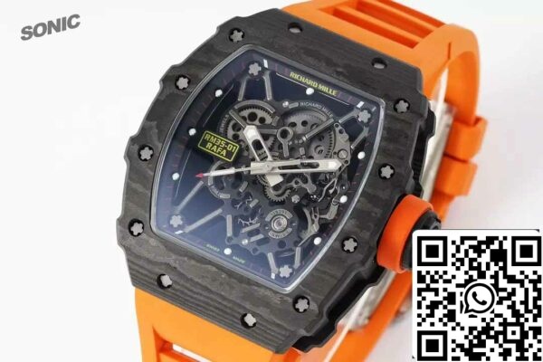 z5578288215935 63a32d4ed72aeebffa1681b76c6d9760 Richard Mille RM35-01 Sonic Factory 1:1 Best Edition Black Carbon NTPT Orange Rubber Strap