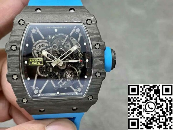 Z5578291211677 F61E5B555FBF55B5C6F9AC2ADE68B870 Richard Mille RM35-01 소닉 팩토리 1:1 베스트 에디션 블랙 카본 NTPT 블루 러버 스트랩