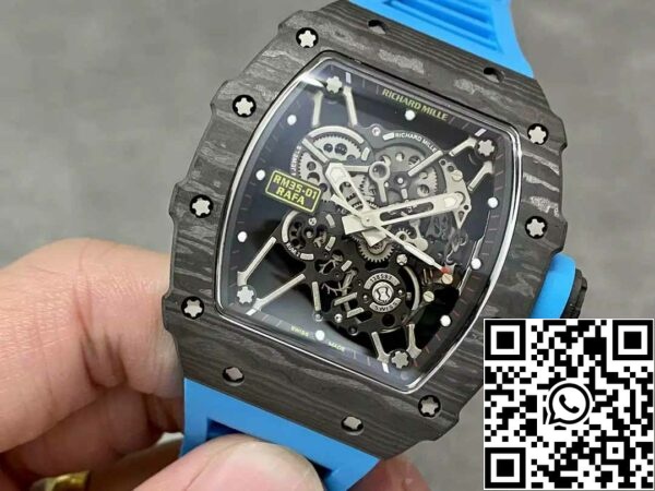 z5578291884173 0ca570e9fa72a917503e9947cb866719 Richard Mille RM35-01 Sonic Factory 1:1 Best Edition Preto Carbono NTPT Azul Correia de Borracha