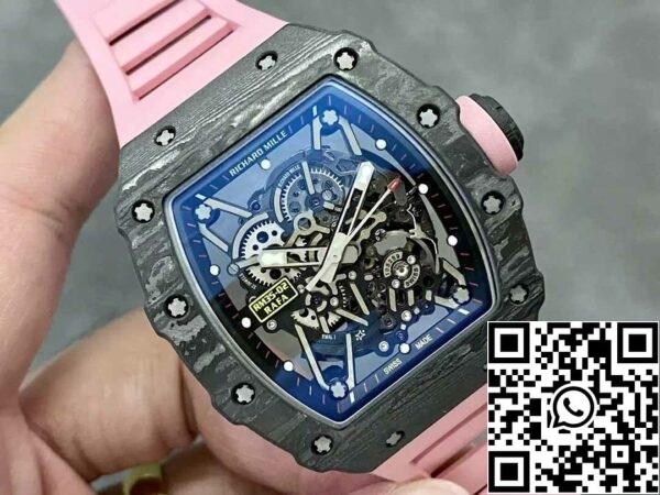 z5580698537728 16c55e730251fde54497e79b4276e25c Richard Mille RM035-02 T+ Factory 1:1 Best Edition Caixa em fibra de carbono Bracelete em borracha cor-de-rosa