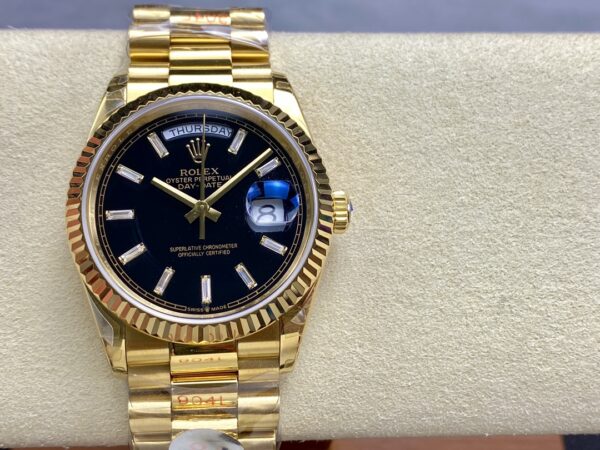 a1726061745863 3408 Rolex Day Date Ref. 128238 Black Dial Yellow Gold 1:1 Best Clone 8+ Factory Counterweight Version