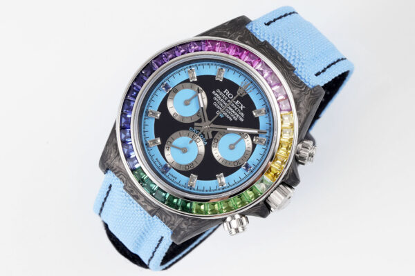 o 1i2jd7atta0r1a17cv21dio14jl0 Rolex Daytona Carbon Case Rainbow Blue 1:1 Best Clone Diw Custom Velcro Strap