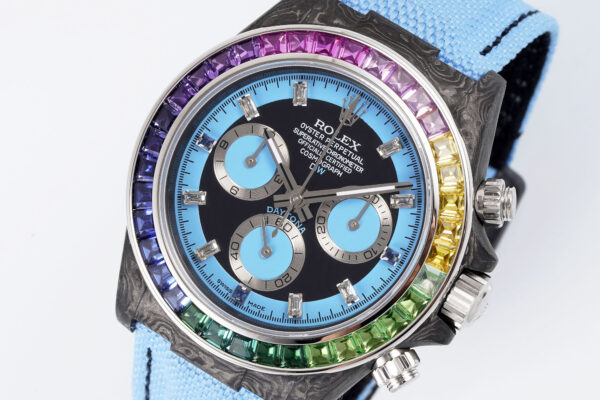 o 1i2jd7attefb89k1l7q1ih6igb1 Rolex Daytona Carbon Case Rainbow Blue 1:1 Best Clone Diw Custom Velcro Strap